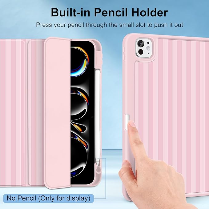 MecBevia Case for iPad Pro 11 inch M5 2025 / M4 2024 (6th/5th Gen) A3357 A3358 A3359 A2836 A2837 A3006 – Built-in Pencil Holder &amp Auto Wake/Sleep Pink Stripes