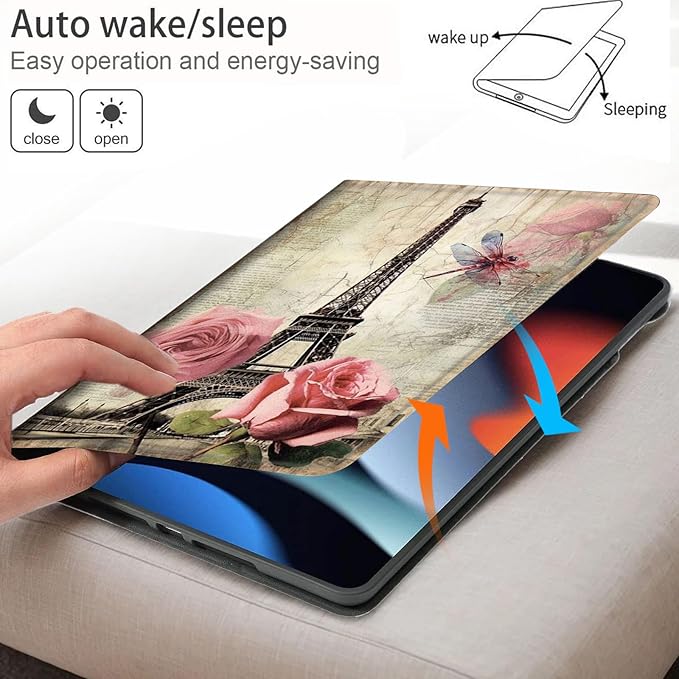 Bxgolkgd Tablet Case for iPad Pro 13 Inch iPad 7th Generation 2024Shockproof Stand Cover with Heat DissipationAuto Wake/Sleep FunctionVintage Paris Tower Rose