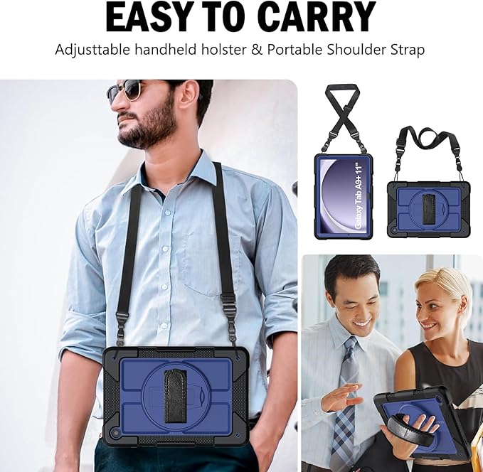 BMOUO for Samsung Galaxy Tab A9+ Plus Case 11 2023 (SM-X210/X216/X218) Shockproof Galaxy Tab A9 Plus Case with Rotating Stand and Hand/Shoulder Strap Navy Blue and Black