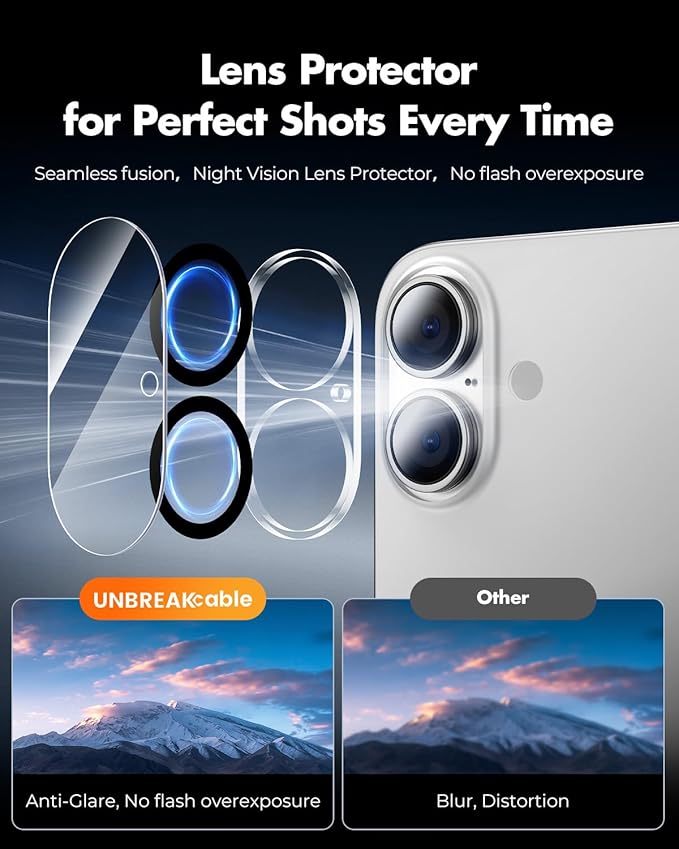 UNBREAKcable 2+2 Pack for iPhone 16 Screen Protector &amp Lens Protector [Military-Grade] [99% HD Clear] [Easy Install] 9H+ Shatterproof Tempered GlassBubble-Free &amp Anti-FingerprintCase Friendl
