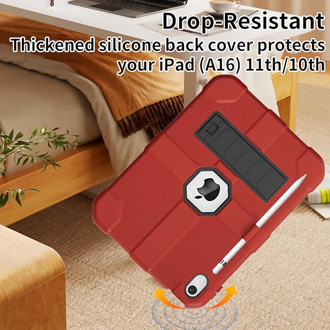 Case for iPad (A16) 11th Generation 11 Inch 2025 / iPad 10th Generation 10.9 Inch 2022 Rugged Heavy Duty Protective Cover [Built-in Pencil Holder ] for iPad 11/10 Gen (Red)