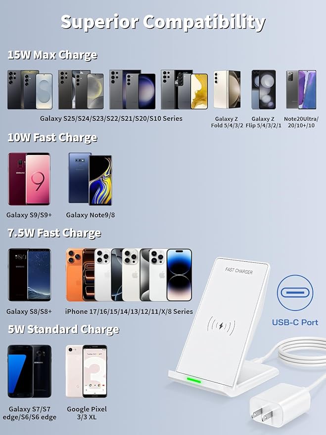 Wireless Phone Charger Stand15W Fast Android Wireless Charger Station for iPhone 17/17 Air/17 Pro Max/15/14/13 15W Fast Charging for Samsung Galaxy S23 S22 S21 with 20W USB C Charging Block Adapter
