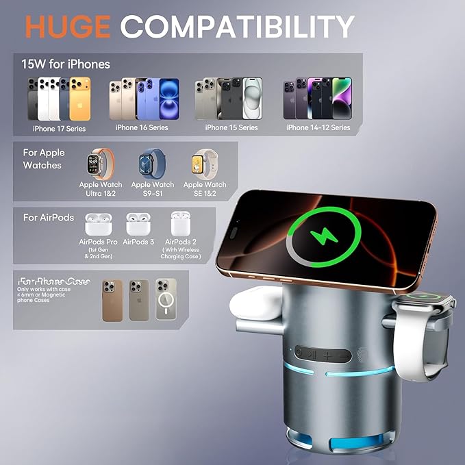3-in-1 Wireless Charging Station with Bluetooth 5.3 Speaker Qi2 Certified MagSafe &amp Rotating Charger with Ambient Light for iPhone iWatch AirPods Suitable for Home Office and Outdoor 20W Adapt