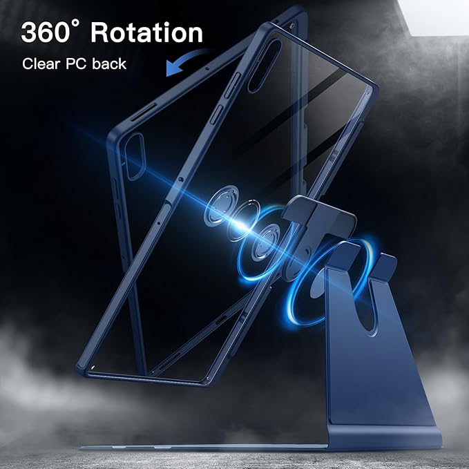 JETech Rotating Case for Samsung Galaxy Tab S11 Ultra with S Pen Holder 360 Degree Rotation Protective Stand Cover Clear Back Auto Wake/Sleep (Navy)
