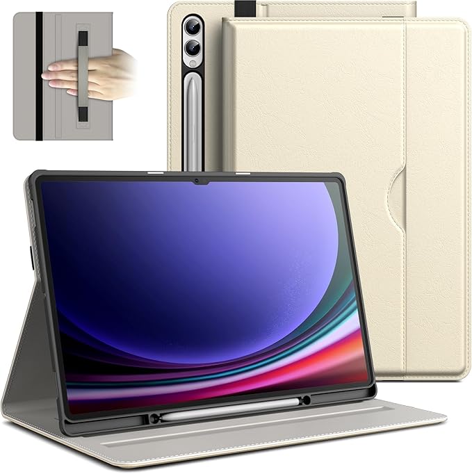 JETech Case for Samsung Galaxy Tab S10 Ultra/Tab S9 Ultra 14.6-Inch with S Pen Holder PU Leather Business Folio Stand Protective Tablet Cover with Pocket &amp Straps Multi-Angle Viewing (Beige)