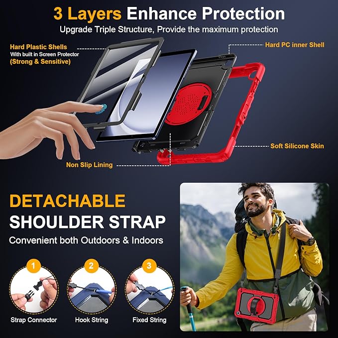Case for Samsung Galaxy Tab A9+/A9 Plus 11 Inch 2023(SM-X210/X216/X218) Ubearkk Full-Body Drop Protection Case with Screen Protector 360° Rotating Stand and Hand/Shoulder Strap Red