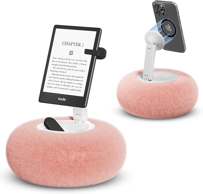 Magnetic Phone Pillow Stand Phone Holder for BedLapDesk Cozy Pillow Stand with Snack Bowl and 2 Magnetic Rings Compatible with 3.5-7 iPhoneE-Reader Kindle Pink