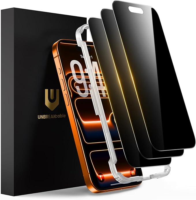 UNBREAKcable Privacy Screen Protector for iPhone 17 Pro Max (6.9) 25° Anti-Spy Tempered Glass Easy Install Alignment Frame Case-Friendly 9H Hardness Anti-Fingerprint 3-Pack