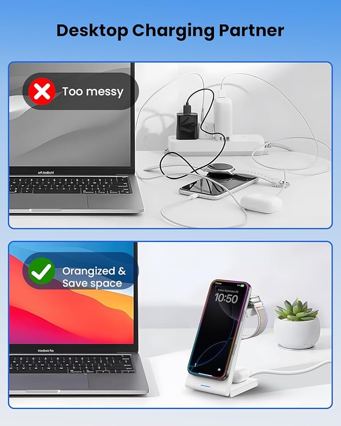 3 in 1 Wireless Charging Station Foldable Magnetic Wireless Charger Stand for Multiple Devices Wireless Charger for iPhone 16/15/14/13/12 Apple Watch 9/8/7/6/SE/5/4/3/2 AirPods 3/2/Pro