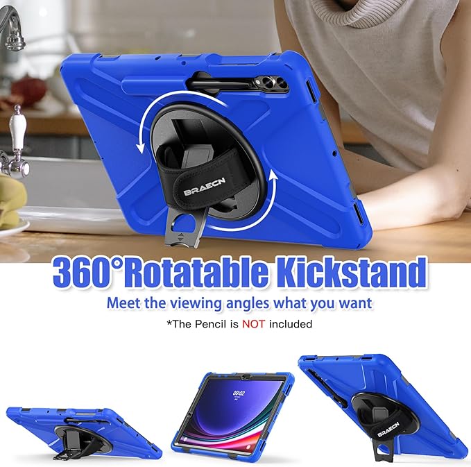 BRAECNstock Case for Samsung Galaxy Tab S10+ Plus/ S9 FE+ Plus/ S9+ Plus/ S8+ Plus/ S7 FE/ S7+ Plus 5G 12.4 inch Shockproof Protective Kids Cover with Pen Holder Rotating Hand Strap &amp Stand - Blue
