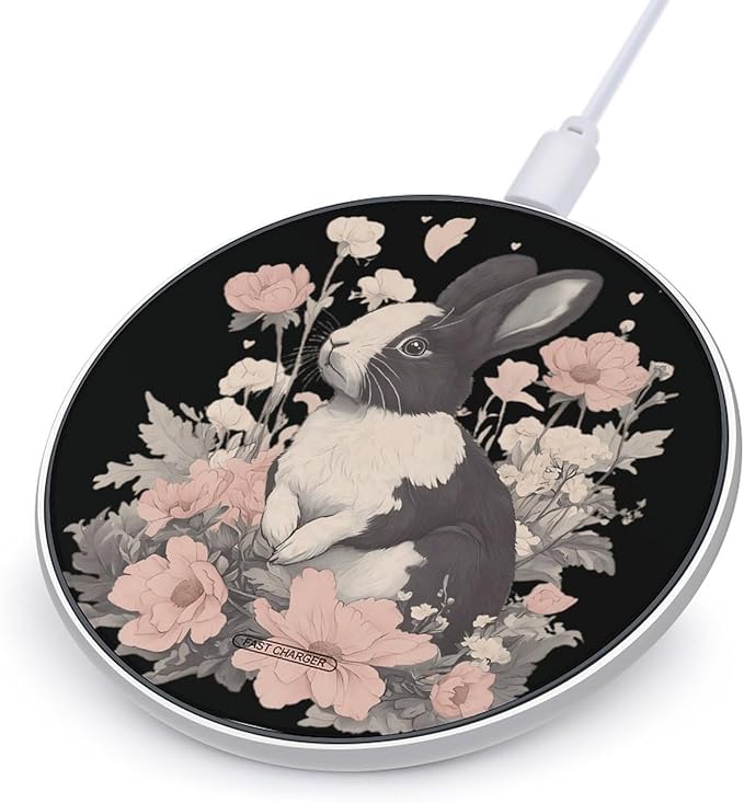 Rabbits and Hibiscus Flowers Phone Charger Magnetic Charging Pad Anti-Slip with USB Cable