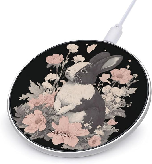 Rabbits and Hibiscus Flowers Phone Charger Magnetic Charging Pad Anti-Slip with USB Cable