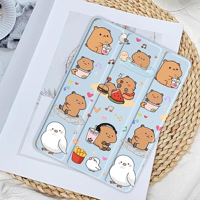 Musical Capybara for iPad mini 7th(A17 Pro) 2024 / Mini 6th Gen 8.3 2021 Kawaii Animal Clear Hard Back Hybrid Casewith Pencil Holder Trifold Stand Tablet Cover for Girls Women