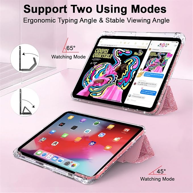 Case for iPad (A16) 11th Generation 11 inch 2025 &amp iPad 10th Generation 10.9 inch 2022 with Stand/Pencil Holder [Auto Wake/Sleep] Glitter Bling PU Leather &amp Clear Soft TPU Back Shell Pink
