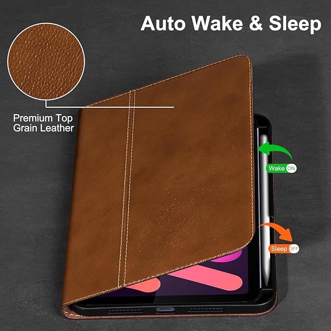 Gexmil Leather Case for iPad mini 7 (A17 Pro) 2024 / iPad mini 6 Generation 2021 8.3 InchPremium Cowhide Cover with Pencil HolderAdjustable Stand Auto Wake/SleepYellow Brown