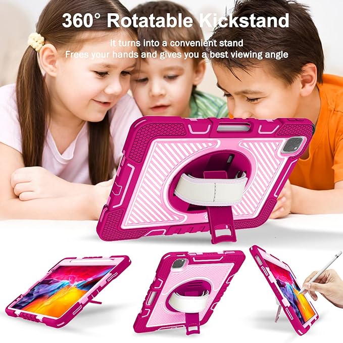 Shockproof Case for iPad Pro 11-inch 4th/3rd/2nd Generation with Shoulder Strap Techcircle Heavy Duty Rotating Kickstand Hand Strap Rugged Defender Protective Case with Pencil Holder Rose+Pink