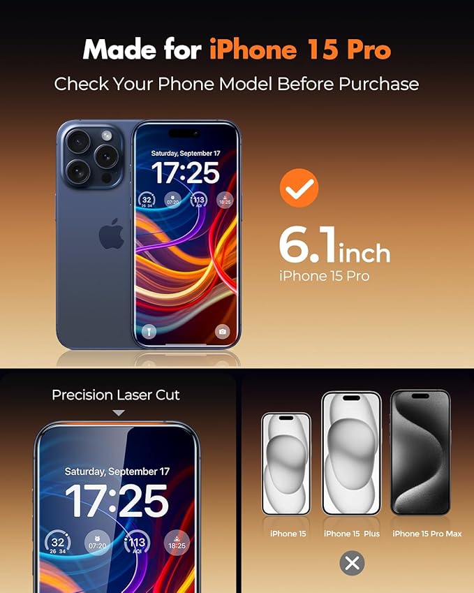 UNBREAKcable 2 Pack for iPhone 15 Pro Screen Protector AR Anti Reflection 9H+ Tempered Glass Anti-Glare Enhanced Clarity Anti-Blue Light Polishing Cloth Included