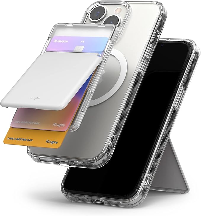 Ringke Magnetic Stand Slot Card Holder [Phone Wallet + Stand] ID &amp Credit Card Holder for Phone Case Magnetic Card Wallet Compatible with Magsafe iPhone 13 12 Pro Max Mini - Clear &amp Light