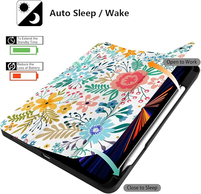 DONGKE Case for iPad Pro 12.9 inch 6th Generation 2022 Built-in Pencil Holder + Trifold Stand + Auto Wake/Sleep + Protective Cover for iPad Pro 12.9 5th/4th/3rd Gen - Flower