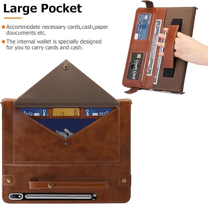 Dteck Case for Samsung Galaxy Tab S9 FE 10.9Galaxy Tab S9/S8/S7 Case 11PU Leather Business Stand Protective Cover with S Pen Holder Card Slots Shoulder Hand Strap Handbag Wallet CoverCoffee
