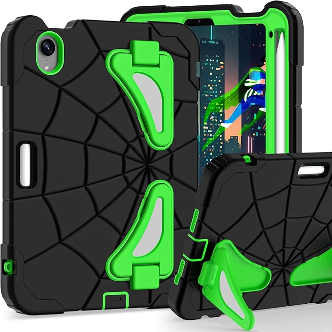 Kids Case for iPad mini 7 A17 Pro 2024/ Mini 6 8.3 inch Spider Case for iPad mini 7th 6th Generation Shockproof Durable Full Protective Cover with Pencil Holder Kickstand (Black+Green)