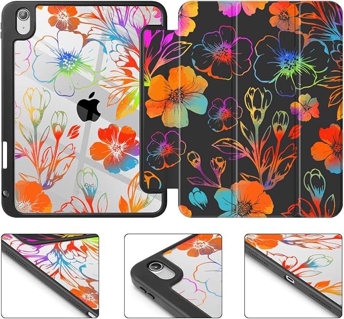 Tuiklol for 2025 iPad (A16 Chip) 11th Generation 11 inch/iPad 10th Generation 10.9 inch 2022 Case Buit in Pencil Holder with Clear Back Shell Cover Trifold Stand Auto Wake/SleepColor Flower Black