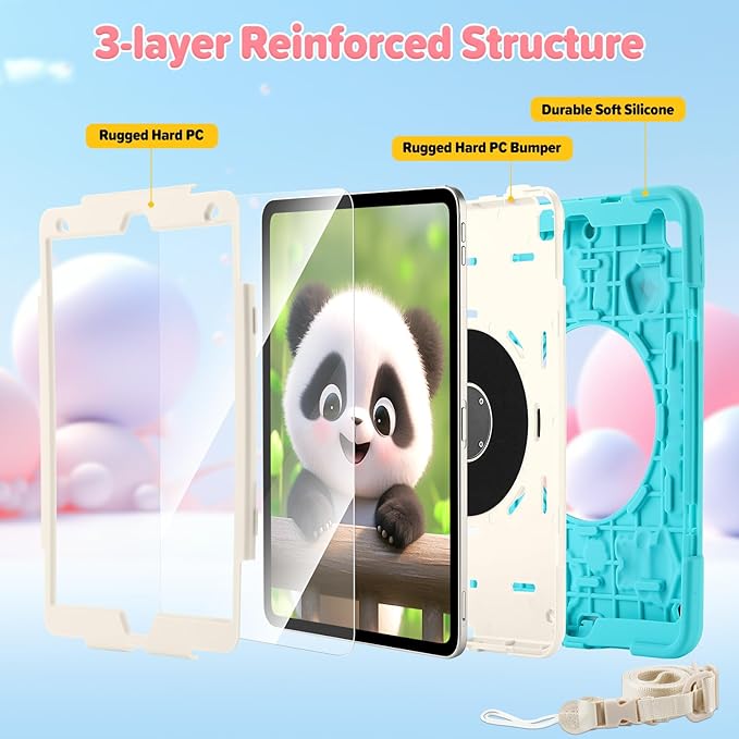 Case for iPad 9th/8th/7th GenerationCute 3D Cool Panda Warrior Design Cover with Screen Protector Rugged Protective Cartoon Case with Stand/Strap/Pen Slot for iPad 10.2 Kids Teens (Mint+White)