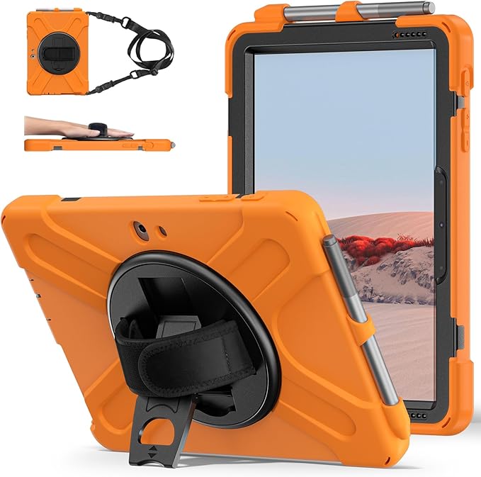 ZenRich Rugged Case for Surface Go with Pen Holder Heavy Duty Shockproof Case with Stand Hand Strap and Shoulder Belt - Orange