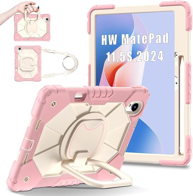 Shoulder Strap Tablet Case for Huawei MatePad 11.5 S 2025 11.5-inch S Heavy Duty Shockproof Protective Cover with Kickstand Handle Shoulder Strap for Kids Women Man Rose Gold