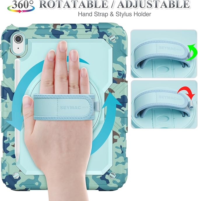 SEYMAC stock Case for iPad (A16) 11th/10th Generation 11''/10.9'' 2025/2022 Full-Body Drop Protection Case with Screen Protector &amp360° Rotate Hand Strap/Stand SkyBlue Camo