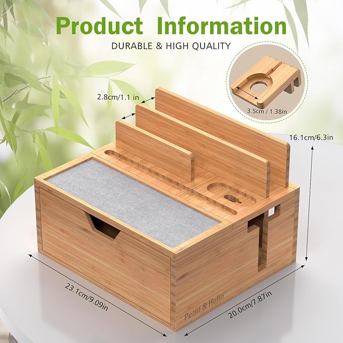 Pezin &amp Hulin Bamboo Charging Station for Multi Device with Power Charger &amp Cables Nightstand Docking Station with Lined Tray &amp Drawer Compatible with Tablet Cell Phones