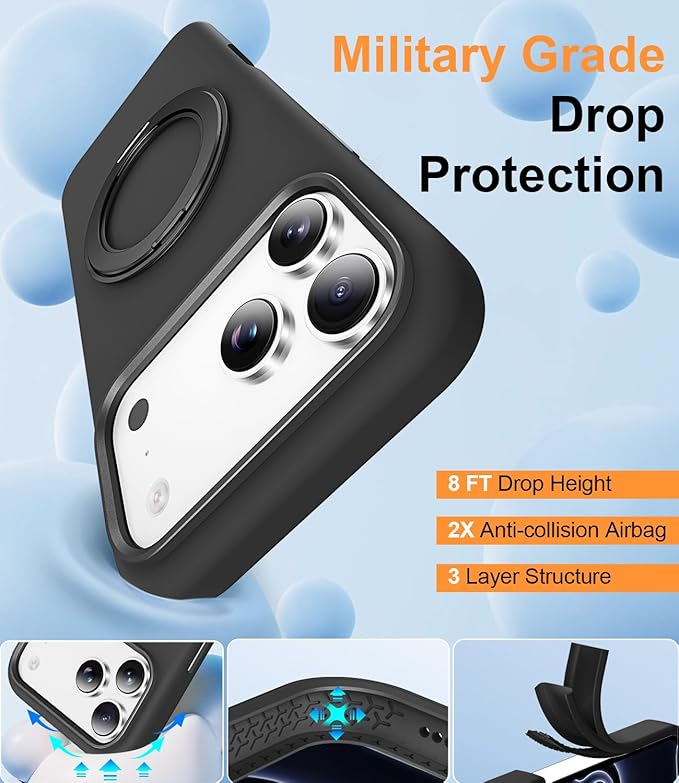 STERKER 360° Rotatable Stand Compatible with iPhone 17 Pro Case with Magnetic [Military Grade Drop Tested][Adjustable Kickstand] Ring Holder Silicone Slim Back Soft Edge Black