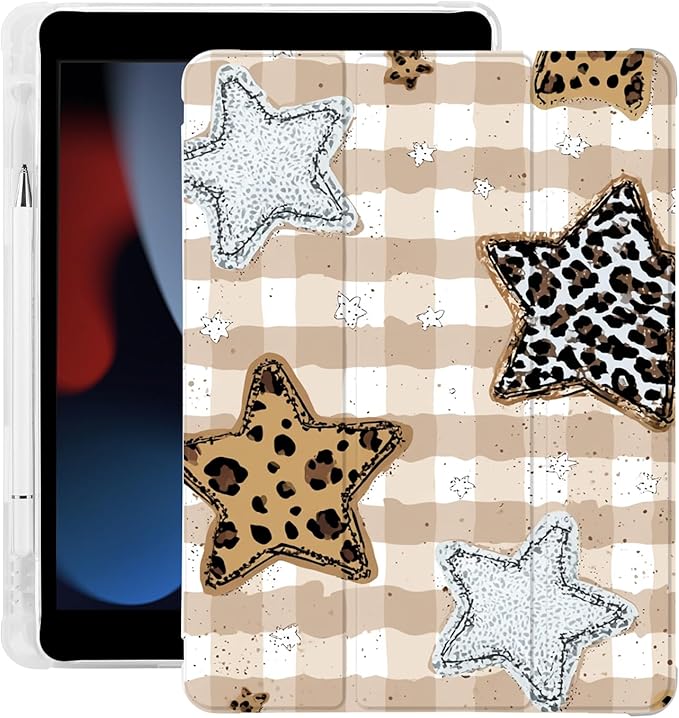 Cute Star Grid Checkered for iPad Air 11 Inch Case 7th/6th Generation (M3/M2) 2025/2024 with Pencil Holder Auto Sleep/Wake Leather Soft TPU Back Cover