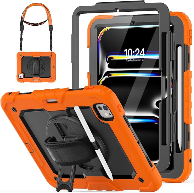 HXCASEAC for iPad Pro 11 Inch Case (M5/M4) 2025/2024 Shockproof Design with Pencil Holder Protector Rotating Stand Hand Strap Heavy Duty Protective iPad Pro11 6th/5th Generation Cover Orange