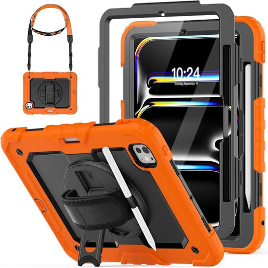HXCASEAC for iPad Pro 11 Inch Case (M5/M4) 2025/2024 Shockproof Design with Pencil Holder Protector Rotating Stand Hand Strap Heavy Duty Protective iPad Pro11 6th/5th Generation Cover Orange