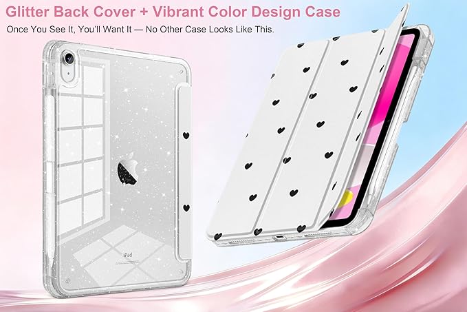 MEEgoodo Case for iPad A16 11th Generation 2025/10th Generation 2022 Glitter Tablet Cases with Transparent Acrylic Back+Trifold Stand +Pencil Holder+Auto Wake/SleepBlack Hearts