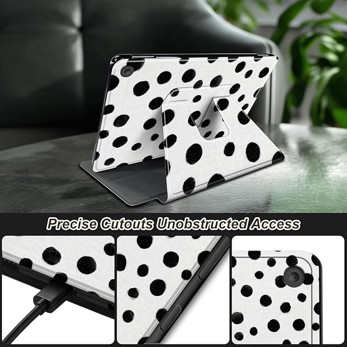 Case for Kindle Fire HD 8 &amp 8 Plus Tablet(12th/10th Gen 2024/2022/2020) 360 Degree Rotating Swivel Stand Flip Cover with Auto Sleep/Wake Cute Polka Dot