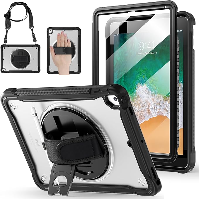 BRAECNstock Case for iPad 6th/5th Generation 9.7 inch 2018/2017ipad Air 2nd Generation &amp Pro 9.7 inch Cover for Kids with Pencil HolderScreen Protector360°Rotating Hand Strap&ampKickstand-Blac