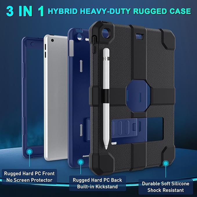 Case for iPad 9th/8th/7th Generation 2021/2020/2019(10.2 inch) Heavy Duty Shockproof Rugged Protective 10.2 Cover with Built-in Stand for iPad 9 8 7 Gen(Navy Blue+Black)