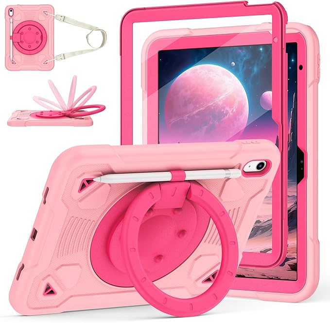 Case for iPad (A16) 11th Generation 11 Inch 2025/iPad 10th Generation 10.9 Inch 2022 with Built-in Screen Protector 360°Rotating StandShoulder Strap Full Body Heavy Duty Protective Cover (Rose Pink)