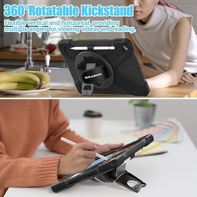BRAECNstock Case for Apple iPad 9th/ 8th/ 7th Generation 10.2 2021/2020/2019 Shockproof Protective iPad 10.2 inch Case Kids with Screen Protector Pencil Holder Rotating Hand Strap &amp Stand Bla