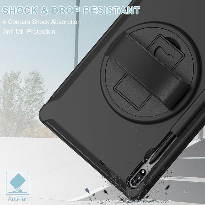 SaharaCase Protection Hand Strap Series Case Cover for Samsung Galaxy Tab S7 FE (2021) and S8 Plus (2022) [Shockproof Bumper] Heavy Duty Rugged Protection Antislip Integrated Kickstand - Black