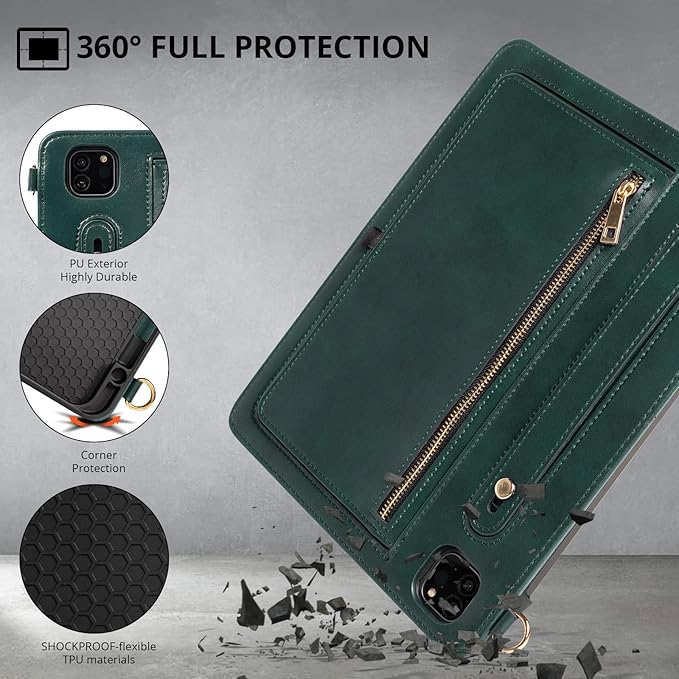 Dteck Case for iPad Air 13 inch M2 2024/iPad Pro 12.9 Case 6th/5th/4th/3rd Generation 2022/2021/2020/2018Premium PU Leather Shockproof Protective Case Zipper Pocket Strap Soft TPU Back CoverGreen