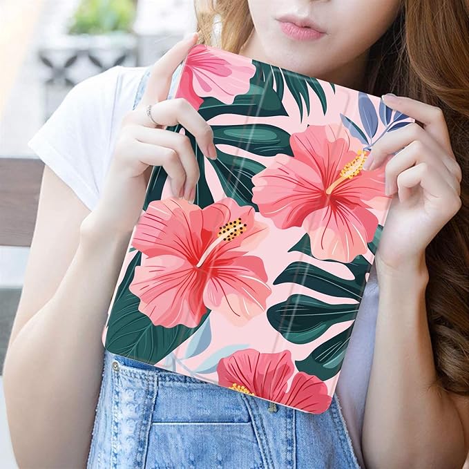 JOYLAND Hibiscus Flower for iPad 10th Generation Case 10.9 inch/iPad (A16) 11th Generation 11 Inch 2025 with Pencil Holder-Trifold Stand Protective Cover with Soft TPU BackPink