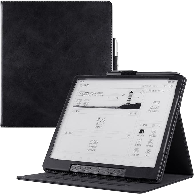 BOZHUORUI Case for Penstar eNote 2 Paper TabletPU Leather Protective Folio Cover with Auto Sleep Wake Multiple Viewing Angles Stand Cover with Hand Strap (Rock Black)