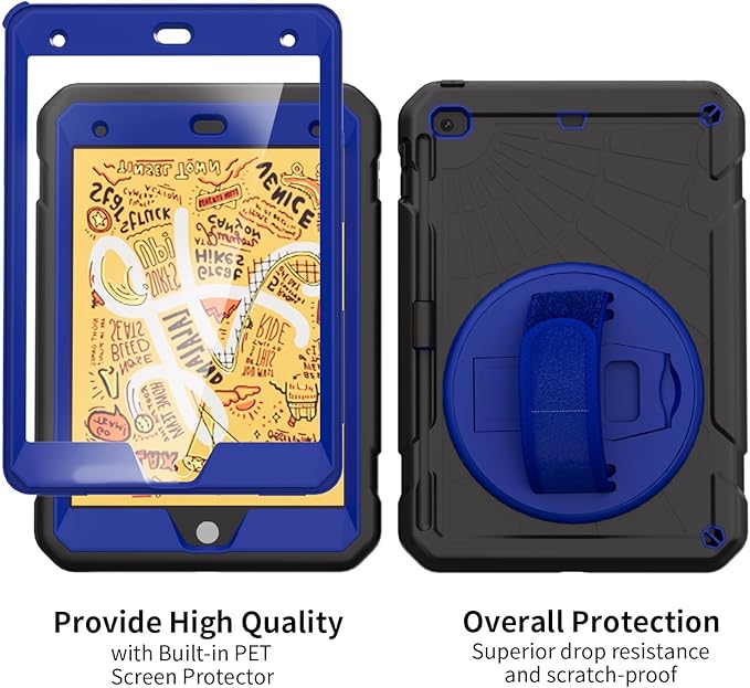 Case for iPad mini 5/4 with Screen Protector Pencil Holder [360 Rotating Hand Strap] &amp Stand Drop-Proof Case for iPad mini 5th/4th Generation 7.9 inch(Black+Blue)