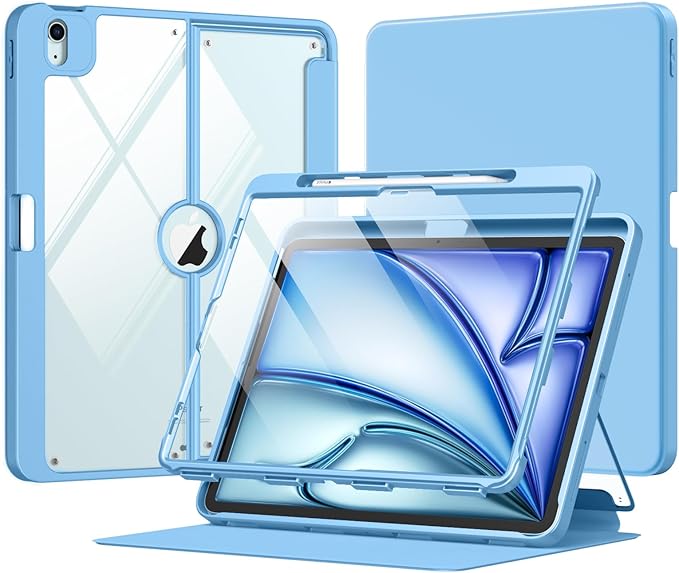 MoKo for iPad Air 13-Inch Case (M4/M3/M2) 2026/2025/2024 with Pencil Holder Heavy Duty 13 Inch iPad Air Case with Screen Protector Clear Back Lens Protector Multi-Angle Magnetic Stand Sunny Blue