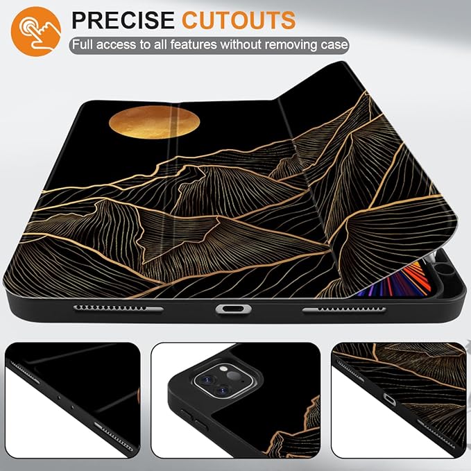 DONGKE Case for iPad Pro 12.9 inch 6th Generation 2022 Built-in Pencil Holder + Trifold Stand + Auto Wake/Sleep + Protective Cover for iPad Pro 12.9 5th/4th/3rd Gen - Golden Mountain