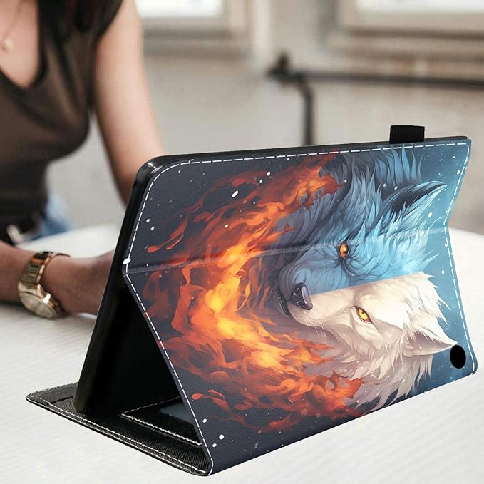 Case for Amazon Kindle Fire HD 10 &amp 10 Plus Tablet (13th/11th Generation 2023/2021 Release) 10.1 - Premium PU Leather Stand Cover with Smart Auto Wake Ice Wolf and Fire Wolf Combined