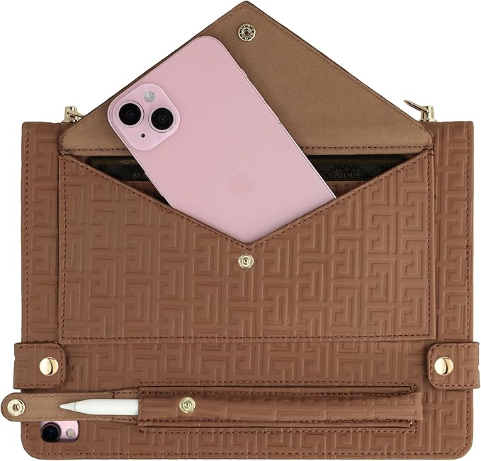 Elegant Crossbody Folio Stand Wallet Case w/Pencil Holder Card Slots Hand Strap Shoulder Strap Brown